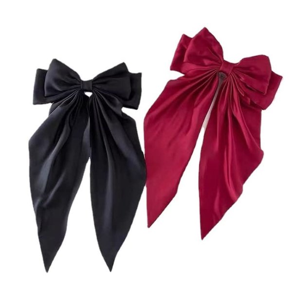 HLLMX 2 PCS Big Bows Hair Clips Soft Satin Silky Bowknot with long Tail French Barrette Hair Clip Big Ribbon Bows Hair Barrettes Clip Hair Accessories for Women Girls (Black, Wine red)