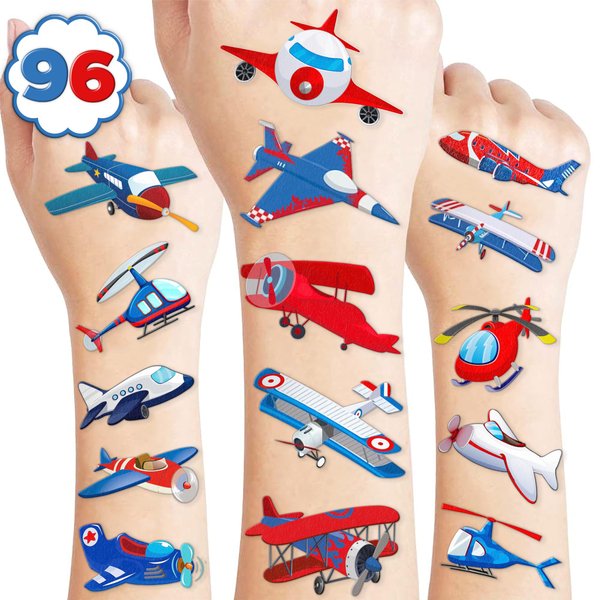 100PCS Airplane Temporary Tattoos Stickers Plane Travel Themed Birthday Party Decorations Favors Supplies Cool Jet Helicopter Aircraft Tattoo Sticker Gifts For Kids Boys Girls School Prizes Carnival