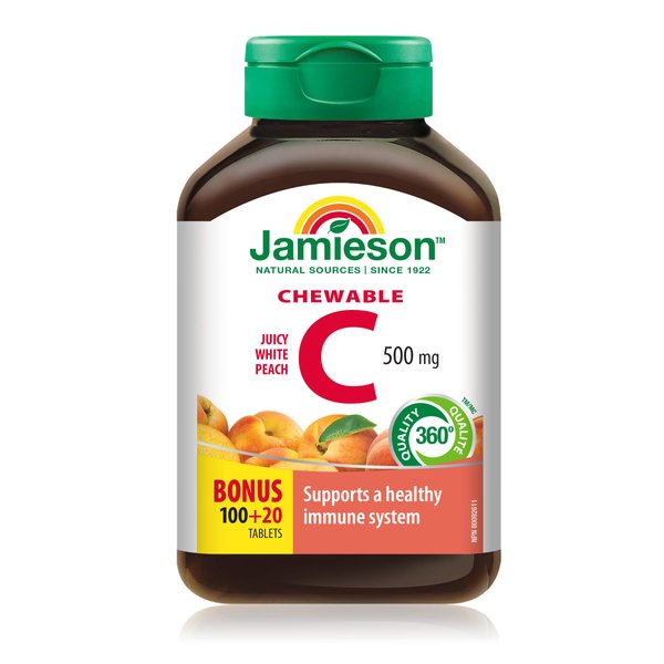 Jamieson Vitamin C Chewables 500 mg - Juicy White Peach Flavour, 120 Tablets
