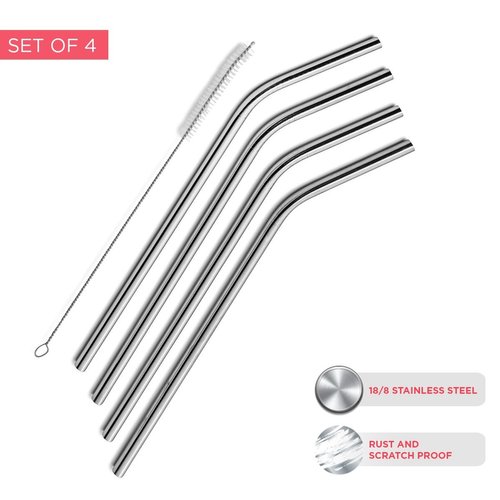 SipWell Stainless Steel Drinking Straws Set of 4, Curved metal Straws reusable for 20 0z Tumbler, | Fits all Yeti SIC Simple Modern Tumblers, Cleaning Brush Included.