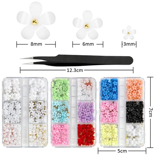 3D Flower Nail Charms, 3 Boxes 3D Acrylic Flower Nail Art Rhinestones with Gold Silver Pearl Beads Tweezers Included Spring Blossom Petal for DIY Nail Decorations