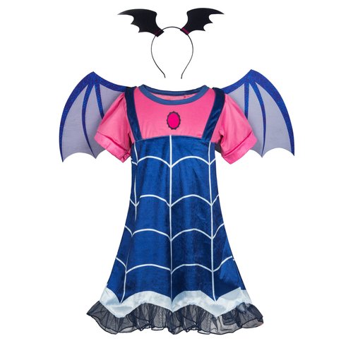 MSSmile Little Girls Cartoon Costume Little Girl Blue Skirt Set Hair Band+Wing Halloween Cosplay Outfit(140cm/7-8Y, vamp1)