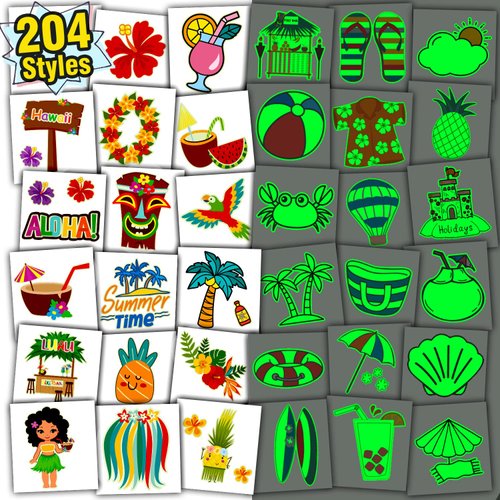 Partywind 204 Styles Luminous Hawaiian Party Supplies for Kids, Individually Wrapped Sheets Glow Hawaiian Luau Temporary Tattoos for Boys Girls Goodie Bag Stuffers, Summer Beach Party Decorations