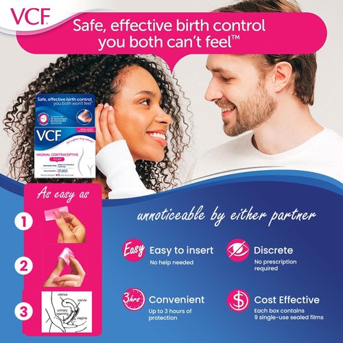 VCF Vaginal Contraceptive Film with Spermicide, 1 Box of 9 Prevents Pregnancy, Nonoxyl-9 Kills Sperm on Contact, Hormone-Free, Easy to Use, Unnoticeable, 9 Total