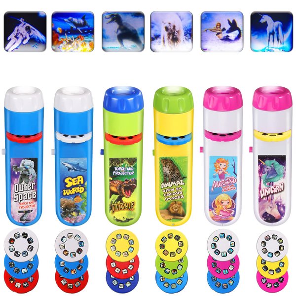 6 Pack Slide Projector Flashlight with 144 Patterns, Kids Projector Torches Dinosaur Space Ocean Mermaid Unicorn Animal Educational Learning Projector Toys for Girls Boys Cognition Bedtime Education