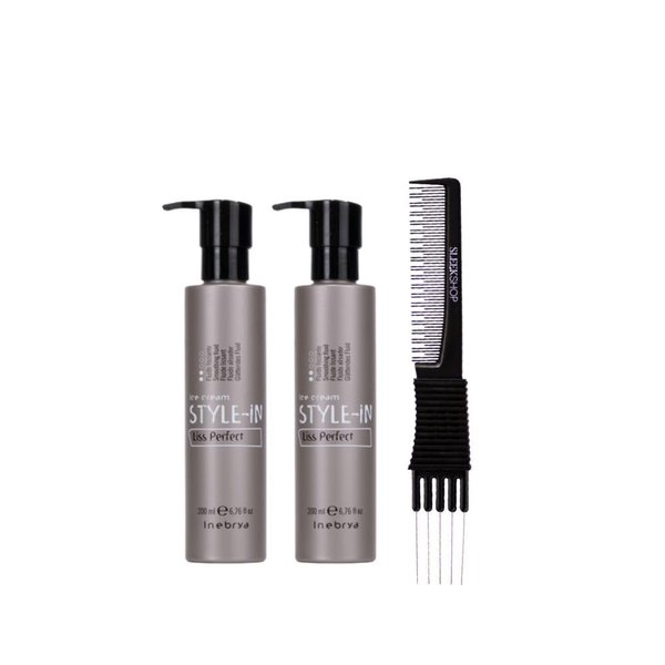 kuss Inebrya Ice Cream Style-In Liss Perfect Smoothing Fluid (6.76 oz) with Teasing Comb Pack of 2