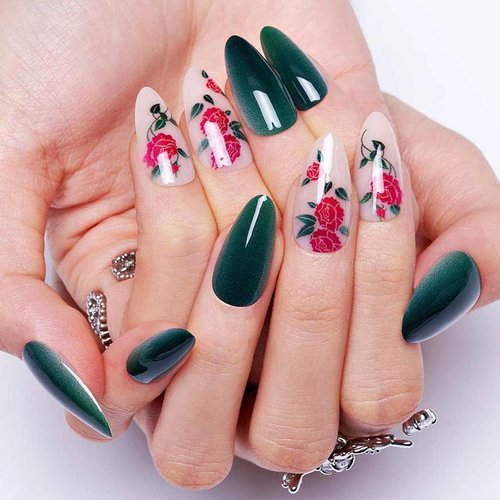 GLAMERMAID Press on Nails Almond,Green Gel False Nails with Flower Design,24 PCS Glue on Nails,Reusable Acrylic Stick on Nails Tips Manicure Set for Women,Retro Rose
