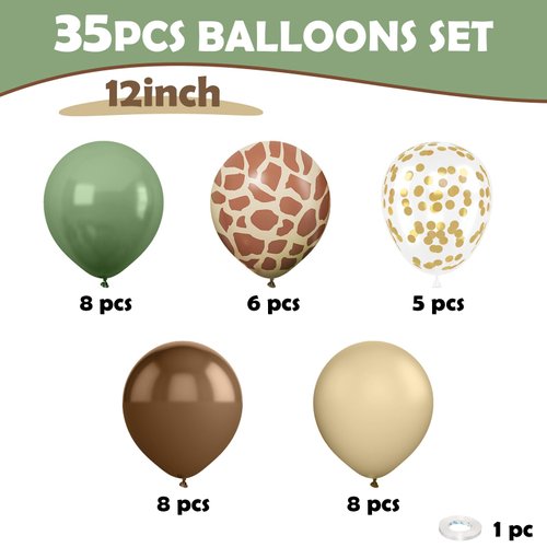 Green and Brown Balloons, 12 Inchs Sage Green Deer Print Gold Confetti Balloons for Kids Woodland Baby Shower Decorations Safari Jungle Dinosaur Theme Birthday Party Wedding Grauation Supplies