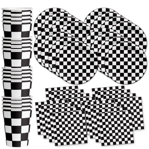 Checkered Flag Party Supplies - Black and White Checkered Party Supplies - Race Car Theme Party | Tableware Set Includes Plates Napkins and Cups | Kit for 16