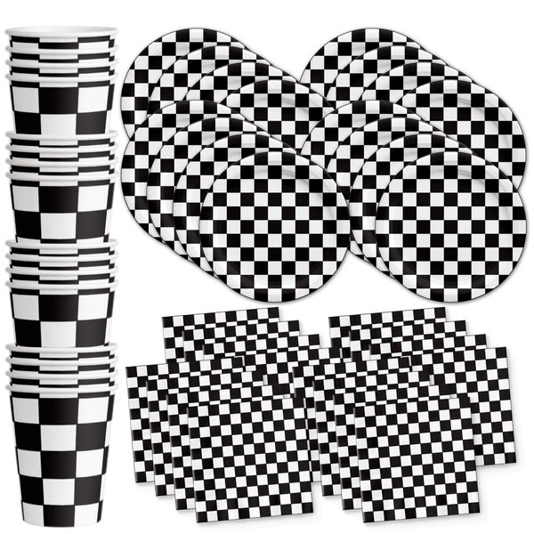 Checkered Flag Party Supplies - Black and White Checkered Party Supplies - Race Car Theme Party | Tableware Set Includes Plates Napkins and Cups | Kit for 16