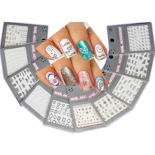 Lovely Nail Art 3D Stickers Decals Silver Gold Black & White Variety Pack of 10 - Flowers ♥ Hearts ♥ Stars ♥ - / GSBWIV /