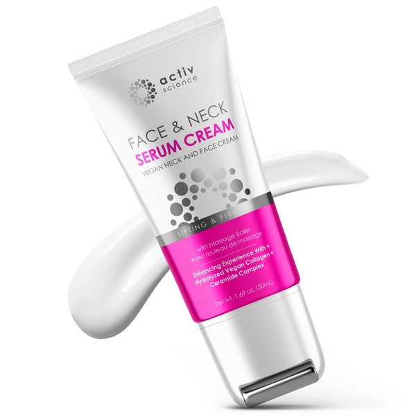 ActivScience Face & Neck Firming Serum Cream - Natural Anti-Aging Facial Moisturizer with Retinol Collagen & Hyaluronic Acid - Double Chin Reducer - Firming, Hydrating Face Cream - With Massage Roller