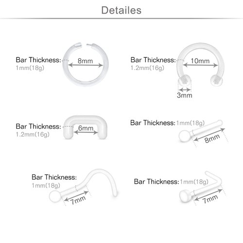 MODRSA Mix Set Clear Piercing Retainers Flexible Lip Ear Nose Studs Septum Eyebrow Tongue Rings Cartilage Tragus Earrings Retainer Bioflex Horseshoe Industrial Barbell 60pcs