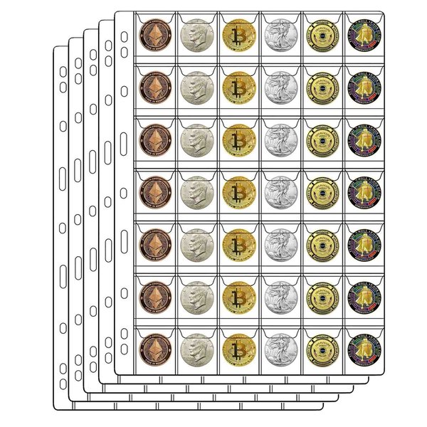 42-Pocket Coin Pages for Collectors, Standard 9-Hole Coin Collection Pages fit Most Binder, Coin Collecting Supplies, Coin Sleeves for Coin, Stamp, Badges etc (42 Pocket - 5 Sheets)