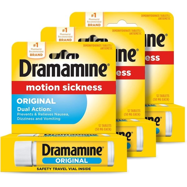 Dramamaine Motion Sickness, Original Formula, Dual Action - Prevents and Relieves Nausea, Dizziness and Vomiting, Travel Size Vial, 12 Count in Each (Pack of 3)