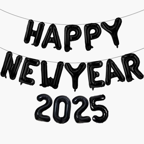 16 Inch Black 2025 Happy New Year Balloons, Big 2025 Happy New Year Letter Balloons Foil Black Balloon for 2025 Happy New Year Eve Celebration Decorations Party Supplies New Years 2025 Balloons Black