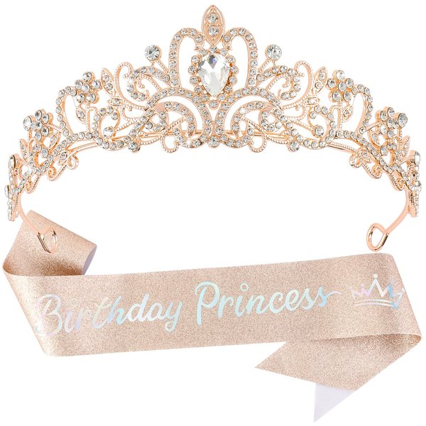 SuPoo Rose Gold Birthday Princess Birthday Sash and Crown Set Birthday Girl Crown Rhinestone Tiara for Women Crystal Headband Happy Princess Birthday Party Decorations Headpieces Hair Accessories