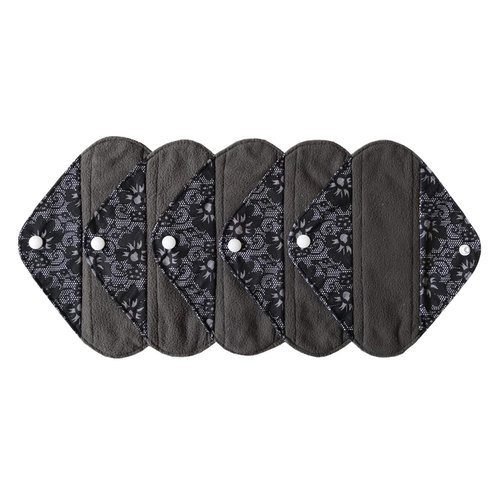 5 Pieces Charcoal Bamboo Mama Cloth/ Menstrual Pads/ Reusable Sanitary Pads (Black lace, Pantyliner (8 inch))