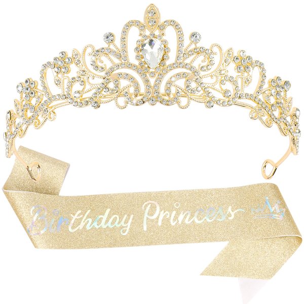 SuPoo Gold Birthday Princess Birthday Sash and Crown Set Birthday Girl Crown Rhinestone Tiara for Women Crystal Headband Happy Princess Birthday Party Decorations Headpieces Hair Accessories