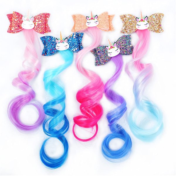 Hair Clips for Girls Hair Bows Accessories for Girls kids Hair Clips Girls Hair Bows Unicorn Hair Accessories Glitter Braided Curly Gradient Kids Hair Extensions for Kids Princess Dress Up