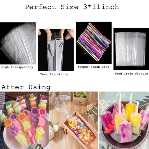 600pcs Cellophane Bags Set-300pcs 3x11 Cellophane Bags Long Clear Treat Bags Cello Cookie Bags, 300pcs Colors Twist Ties for Gifts Party Favors