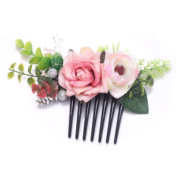 Anglacesmade Bridal Flower and Leaf Hair Comb Blush Ivory Floral Back Comb Eucalyptus Rustic Wedding Prom Party Festival Hair Jewelry for Women and Girls