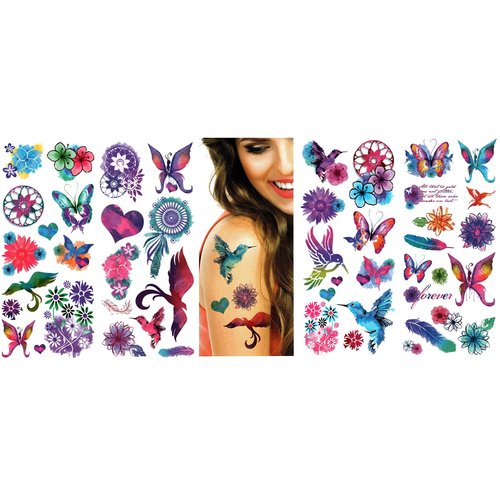 A.S.O. American Made Realistic Temporary Arm Sleeve Temporary Tattoos Tats for Men and Women, Different Tattoo Designs (48-CT Water Color Hummingbirds, Butterflies, Dreamcatcher)
