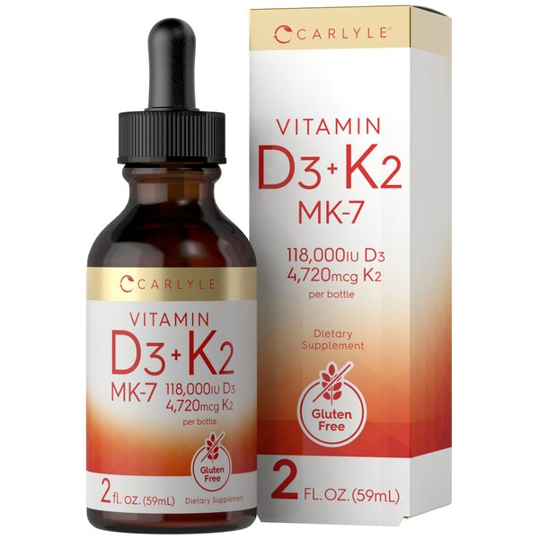 Carlyle Liquid Vitamin D3 with K2 Drops | 2 Fl Oz | MK-7 Supplement | Vegetarian, Non-GMO, Gluten Free