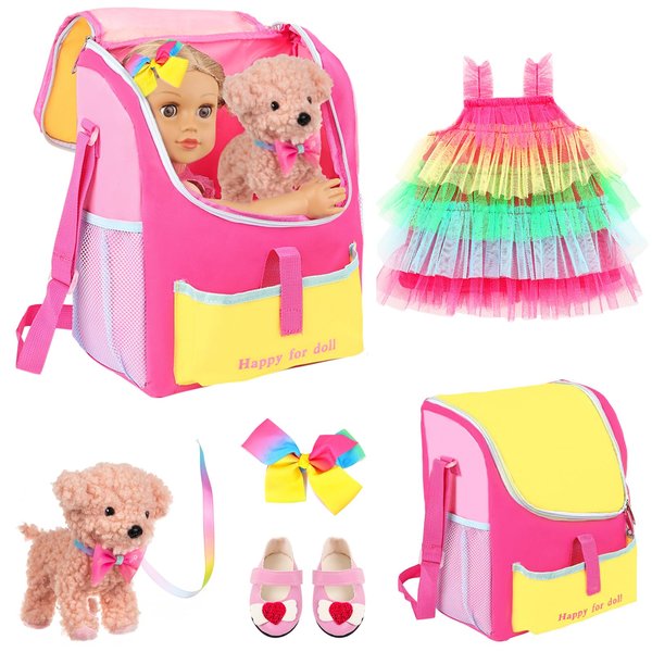 UNICORN ELEMENT 5 Items 18 inch Dolls Bag Carrier Set and Accessories Including 18 Inch Doll Clothes, Shoes, Hairband, Doll Backpack and Toy Dog(NO Doll)
