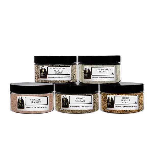 Sea Salt Sampler Gift Set - Contains 5 Plastic Jars (product weight varies) (1 each of: Sriracha Sea salt, Smoked Sea Salt, Citrus Sea Salt, Lime Jalapeno Sea Salt, and Rosemary Sage Sea Salt.)
