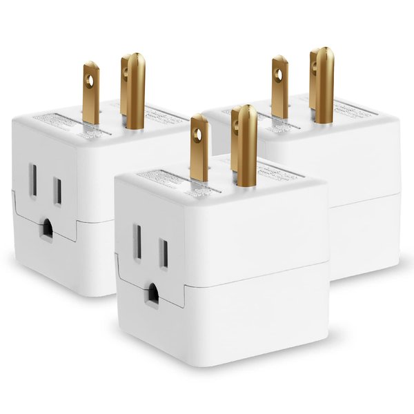 Fosmon 3 Outlet Wall Adapter Tap (3 Pack), 3-Prong Portable Travel Mini Plug Grounded Indoor AC Outlet, ETL Listed - White