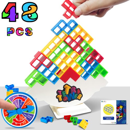 Btolin 48pcs Stack Attack Game, Tetra Balance Tower Game for 2 Players+, Family Games for Kids & Adults, Team Parties Stacking Blocks Toy, Kids Gifts