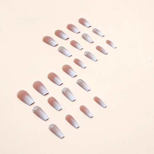 IMSOHOT Long Coffin Press on Nails Pink White Gradient Fake Nails Glitter Ballerina False Nails Glossy Full Cover Acrylic Nails Glue on Nails for Women 24pcs