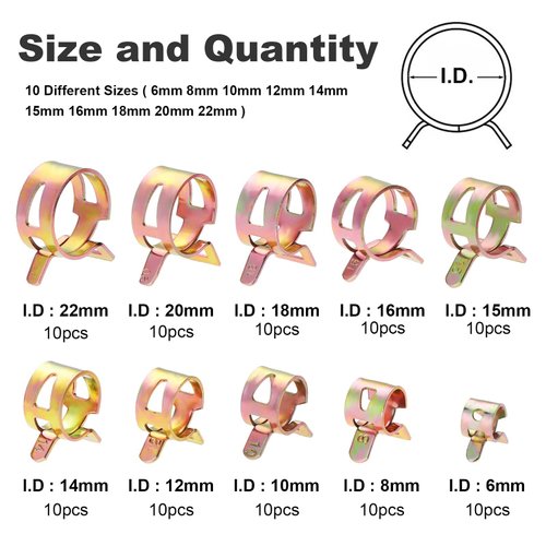 OCR 6-22mm 10Size Fuel line Spring Clamp Silicone Vacuum Hose Pipe Clamp Steel Wire Tube Pipe Clip, 100 Pack