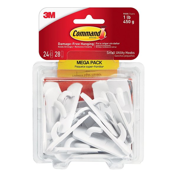 Command Small Utility Hooks, Damage Free Hanging Wall Hooks with Adhesive Strips, No Tools Wall Hooks for Hanging Organizational Items in Living Spaces, 24 White Hooks and 28 Command Strips