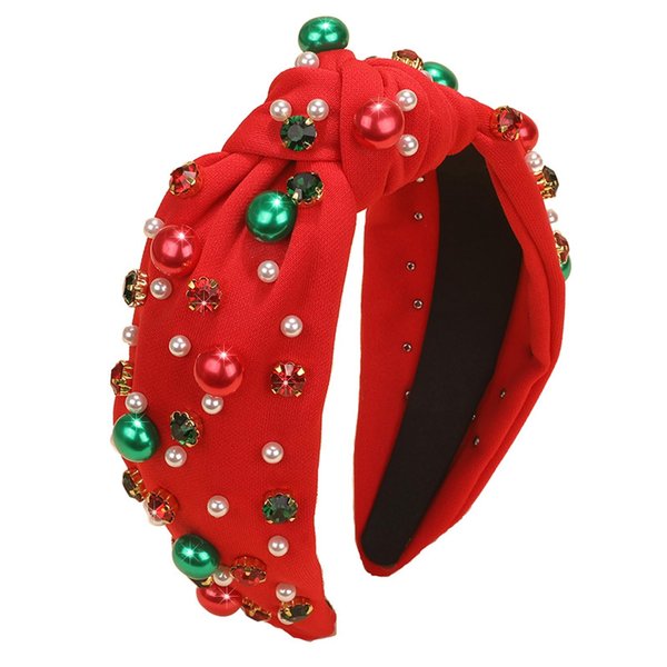 Aodse Christmas Headbands for Women Pearl Rhinestone Hairband Knotted Crystal Head Band Non Slip Wide Top Knot Headband Holiday Jeweled Hair Accessories (Xmas Red)
