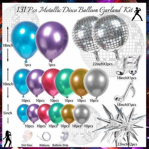 ECEAE Metallic Balloon Garland Kit Disco Ball Colorful 80s 90s Retro Dance Party Chrome Decor 131Pcs in Silver, Green, Blue, Gold, Purple，Red for Bachelorette Sing Themed Boogie Karaoke Decoracion