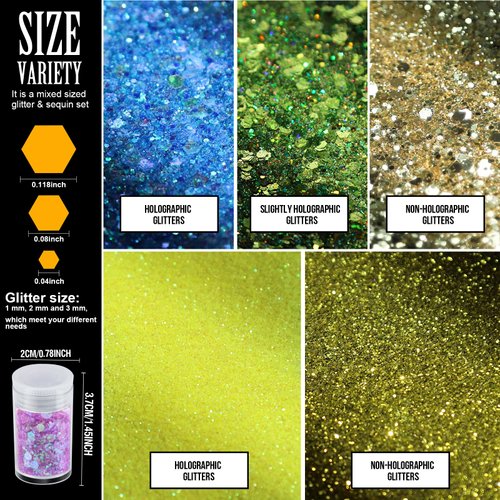 Teenitor Glitter, Holographic Chunky Glitters and Fine Glitters, Body Glitter for Nails, Face Glitter Assorted Glitter, Festival Glitter for Nail Face Hair Body, Glitter for Resin Tumblers, 16+16pcs