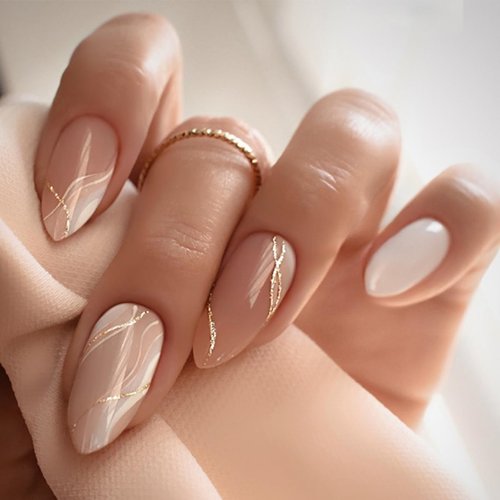 Press on Nails Medium Almond Fake Nails White False Nails with Design Glitter Swirl Glossy Glue on Nails Full Cover Acrylic Nails Shiny Stick on Nails Artificial Nails for Women Manicure 24pcs