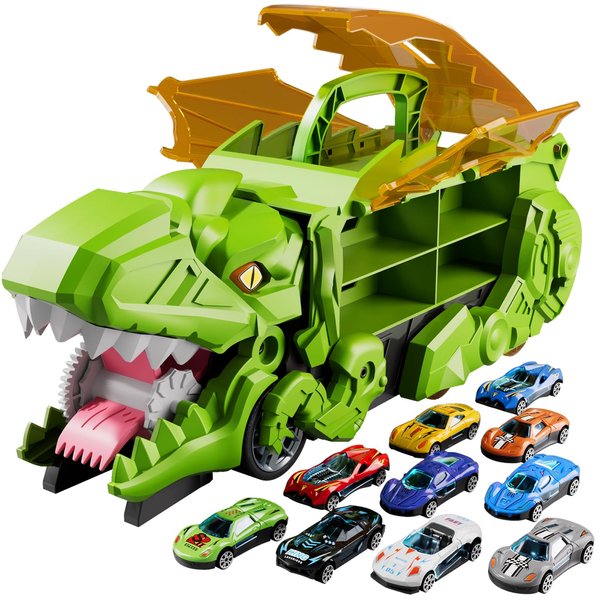 Dinosaur Planet Transformed Dinosaur Truck Toy with 10 Diecast Racing Car, Dinosaur Transport Car with Wings and Handle for Kids, Birthday Gifts for 3 4 5 6 7 Year Old Boys Girls