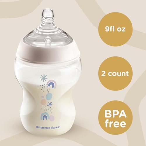Tommee Tippee Closer to Nature Antii-Colic Baby Bottle, 9OZ Slow-Flow Breast-Like Nipple, Pack of 2, Pink