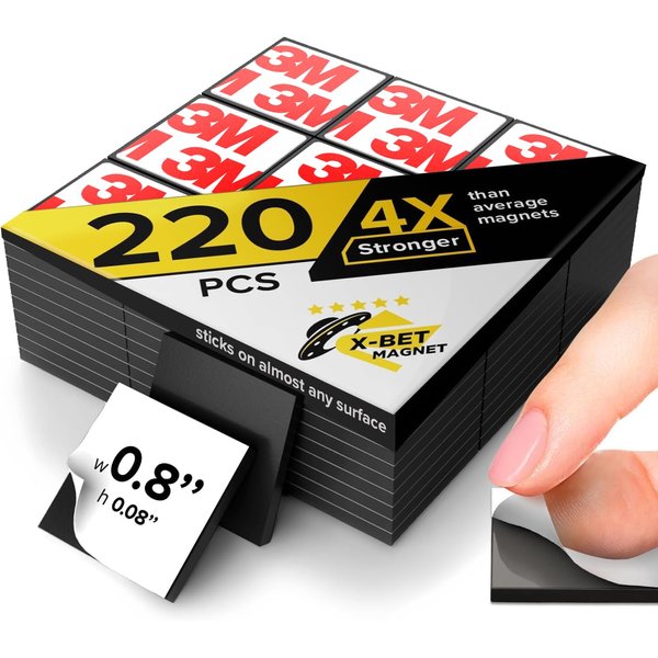 Hyper-Sticky Magnets with Adhesive Backing - 220pcs 0.8x0.08 Strong Magnetic Squares for Whiteboard Fridge - Easy-to-Cut Stickers for Planning and Organization - Teacher Must Have - Teacher Supplies