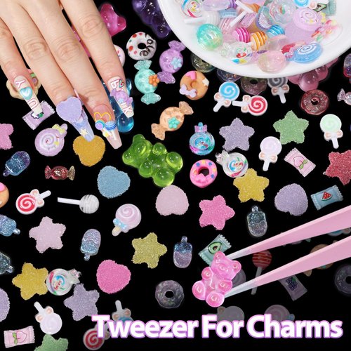 3D Candy Lollipop Bears Nail Charms, Mix Assorted Colorful Donut Ice cream Sweet Cute Nail Charms Star Heart Colors Candy Nail Art Charms for Nail Art DIY Crafts Accessories with Pickup Tools