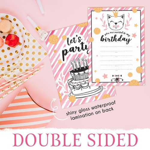 Birthday Invitations, Birthday Party Invitations, Invitations, Kids Birthday Invitations, Party Invitations, Birthday Party Invitations for Girls, Kitten Themed, 5 x 7 inches, Set of 20, Pink