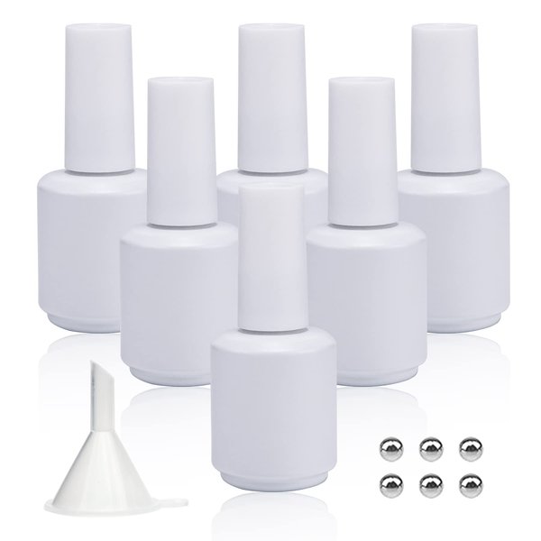 Agidea Empty Gel Nail Polish Bottles, Empty Nail Polish Bottles 15ML, Opaque Round Glass Refillable Fingernail Polish Bottles UV Safe with Mixing Balls & Funnels, Pack of 6 (Matte White)