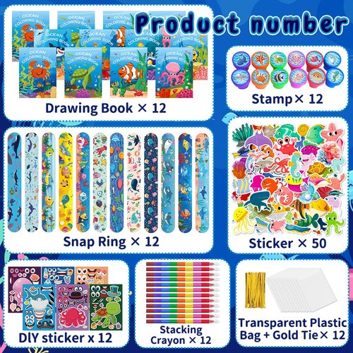 Ocean Party Favors With Coloring Book,122Pcs Ocean Party Supplies Including Coloring Books,Crayons,Wristband,Stamps,For Party Goodie Bag Fillers School Activity Supplies (Ocean)