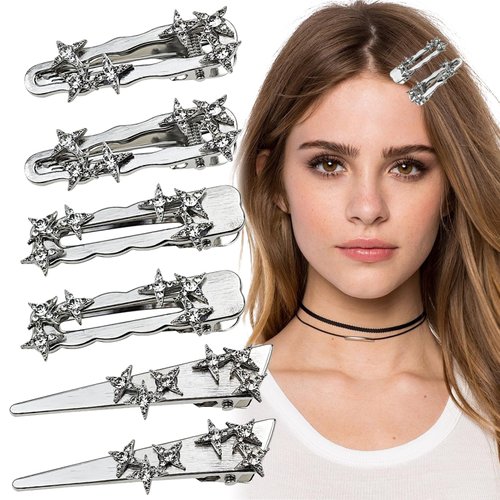 6 PACK Y2K Silver Star Hair Clips, Non-slip Metal Hair Barrettes, Rhinestone Star Hair Clips, Y2k Hair Accessories Emo Hair Accessories Disco Hair Accessories
