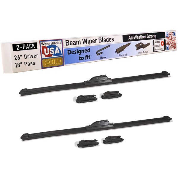 WiperBladesUSA Gold 26" & 18" (Set of 2) Beam Wiper Blades High Performance Automotive Replacement Windshield Wipers For My Car, Easy DIY Install & Multiple Arm Types