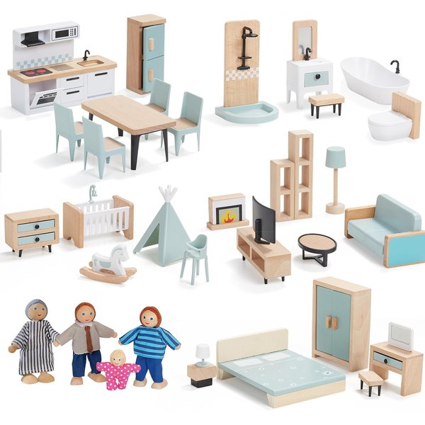 36pcs Wooden Dollhouse Furniture Set 5 Rooms with 4 Family Dolls, Wood and Plastic Blue Dollhouse Accessories, Pretend Play Furniture Toys Christmas Birthday Gift for Boys Girls & Kids Toddlers 3Y+