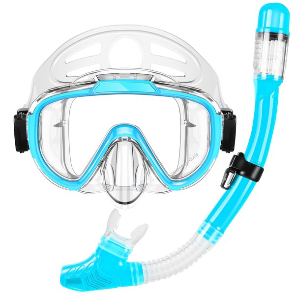 Snorkel Set, Zipoute Snorkel Dry Top Snorkeling Gear for Kids, Panoramic Anti-Leak and Anti-Fog Tempered Glass Lens, Kids Adjustable Snorkeling Set, Scuba Diving Swimming Training Snorkel Kit for Kids